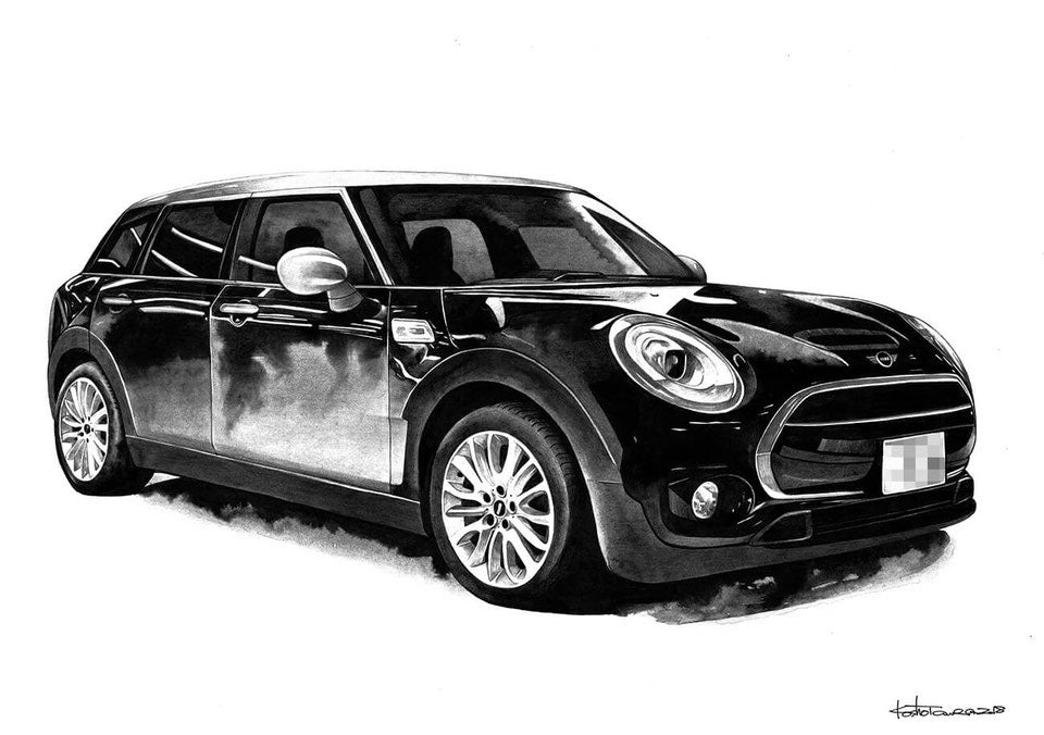 手描きでリアルに描かれたミニクーパーのモノクロイラスト｜精密な自動車アート作品