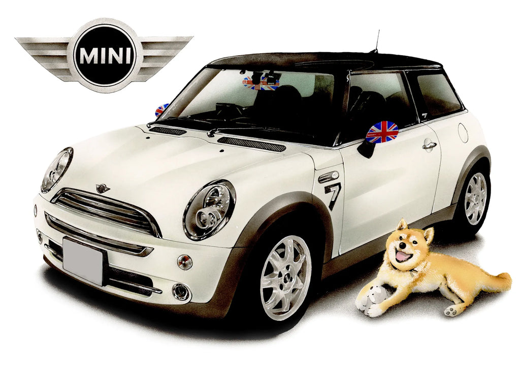 ミニクーパーとペットの柴犬のオーダー車絵イラスト