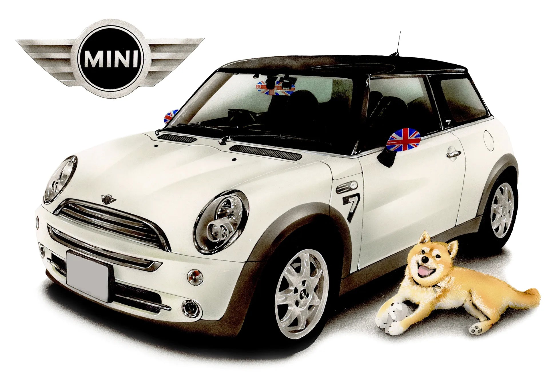 ミニクーパーとペットの柴犬のオーダー車絵イラスト