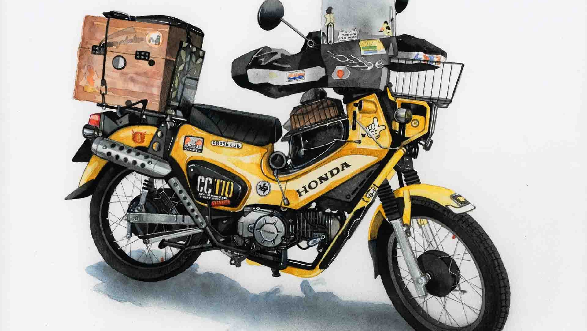 カスタムパーツが際立つバイクの手描きイラスト、ユニークなデザイン