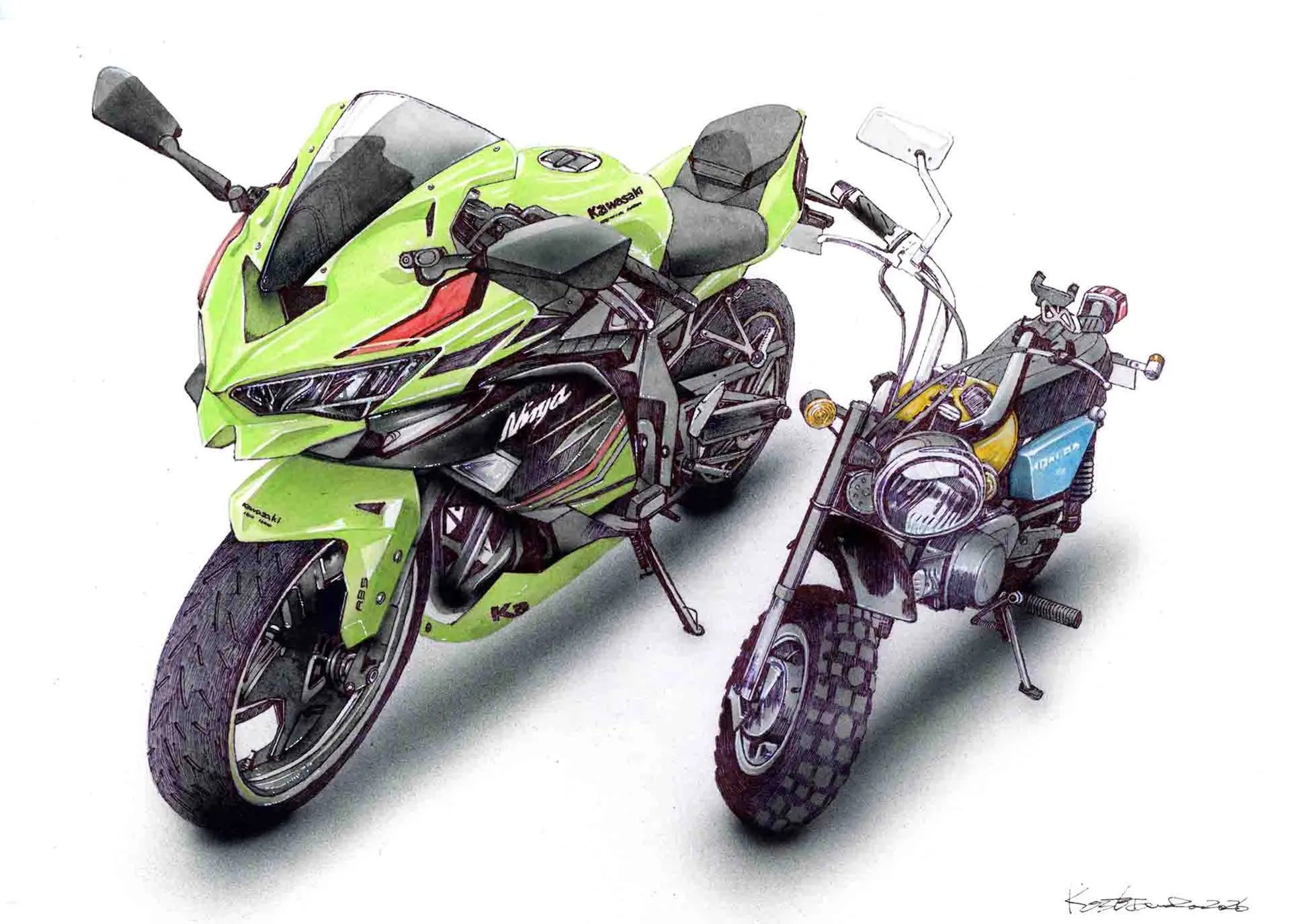 カワサキのバイクとモンキーバイクの手描きイラストサンプル、精密なバイクイラスト制作例