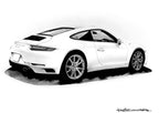 墨で描かれたポルシェのモノクロイラスト｜精密な自動車アート作品