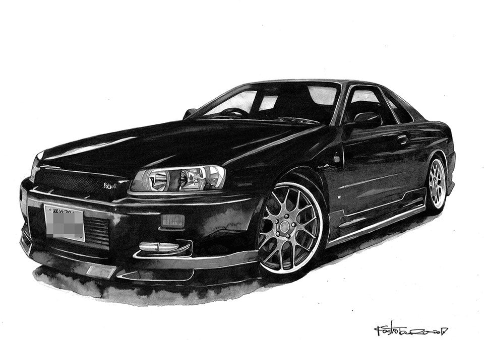 手描きでリアルに描かれたGT-Rのモノクロイラスト｜精密な自動車アート作品