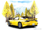 車と立山連峰を描いた水彩画