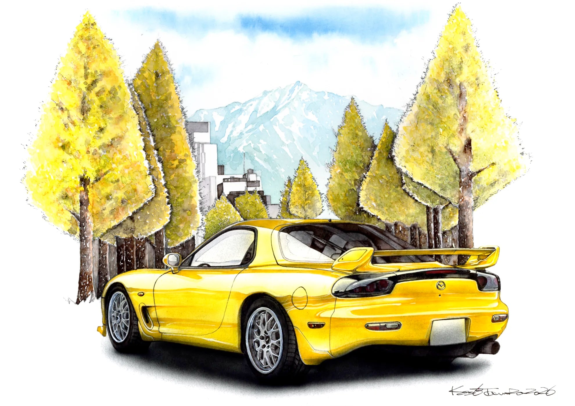 車と立山連峰を描いた水彩画