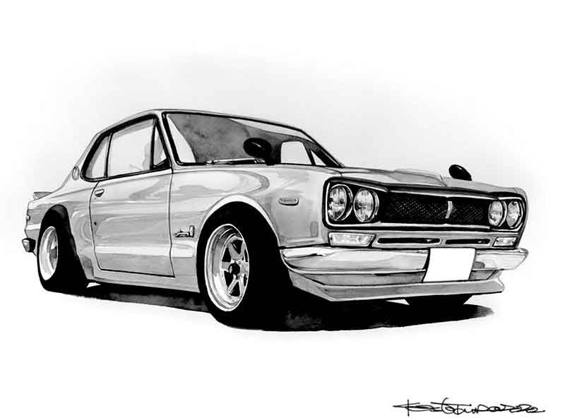 車イラスト 手描き リアル モノクロ｜愛車の記念・誕生日プレゼントに人気のオーダー作品
