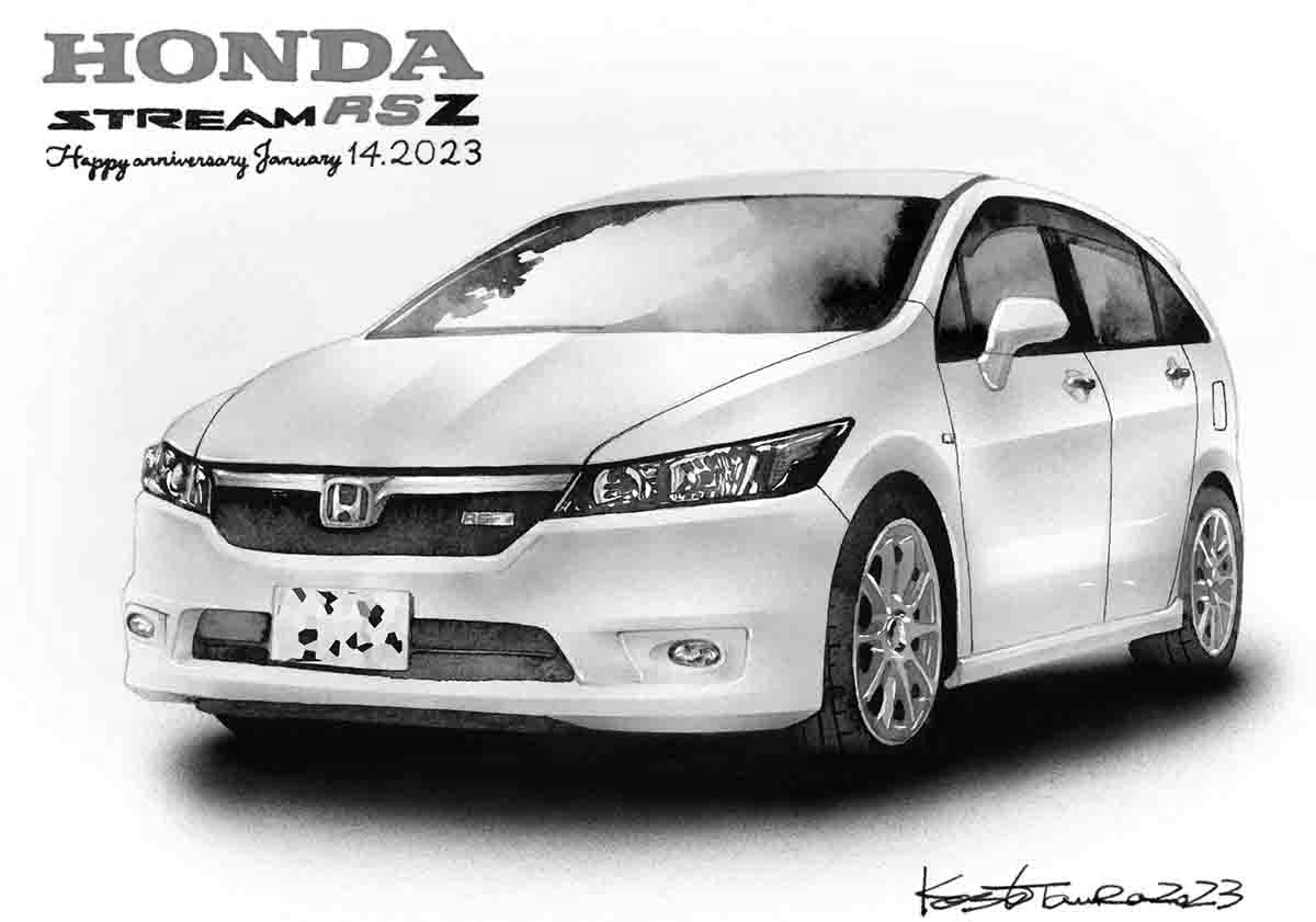 手描きでリアルに描かれたホンダストリームのモノクロイラスト｜精密な自動車アート作品