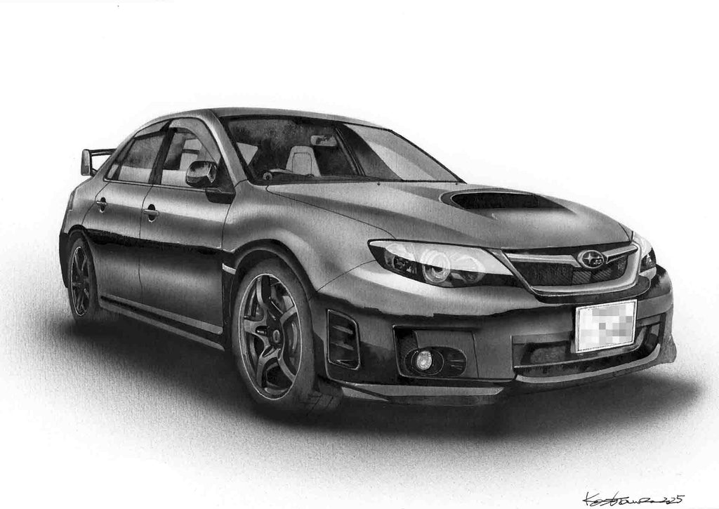 手描きでリアルに描かれたWRXのモノクロイラスト｜精密な自動車アート作品