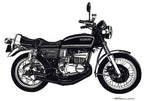 バイクの手描きイラスト作品（モノクロ）。クラシックなバイクをリアルに描いたアートで、インテリアやギフトにもおすすめ。