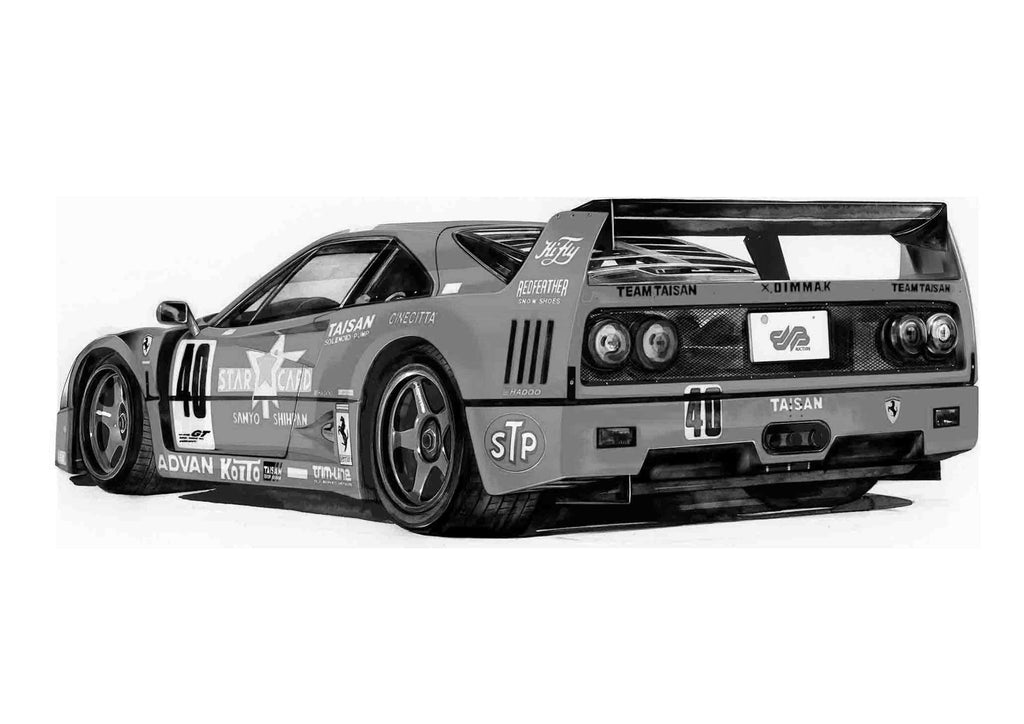 手描きで精密に描写されたフェラーリF40のモノクロイラスト作品