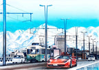 富山大橋と立山連峰とフェラーリF8の手描き水彩画