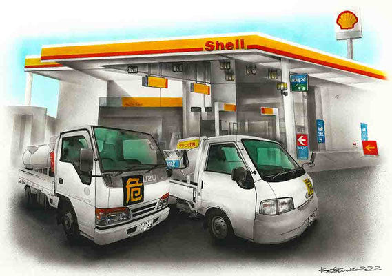 トラックとガソリンスタンドのオーダー車絵イラスト