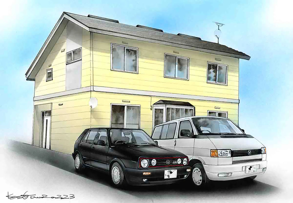 愛車とマイホームのオーダー水彩画イラスト