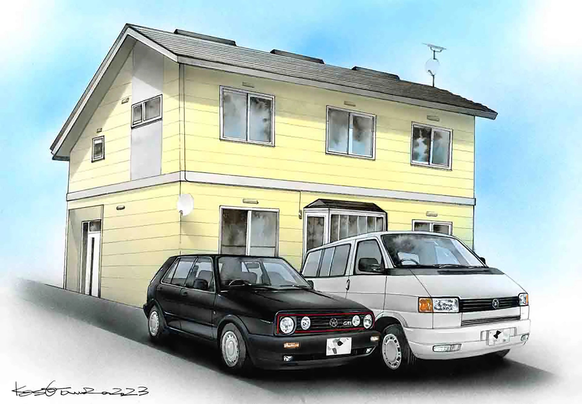 愛車とマイホームのオーダー水彩画イラスト