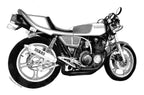 バイクの手描きイラスト作品（モノクロ）。ヤマハXJRのバイクをリアルに描いたアートで、インテリアやギフトにもおすすめ。