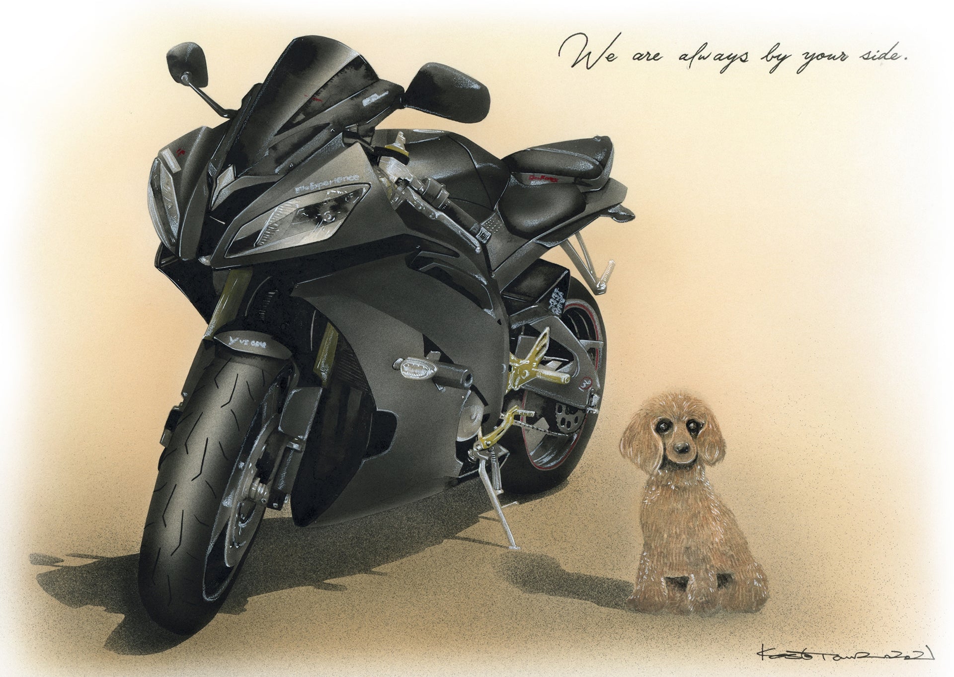 バイクとペットを描いたイラスト